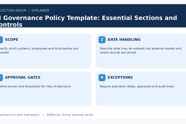 AI Governance Policy Template: Essential Sections and Controls four-part infographic