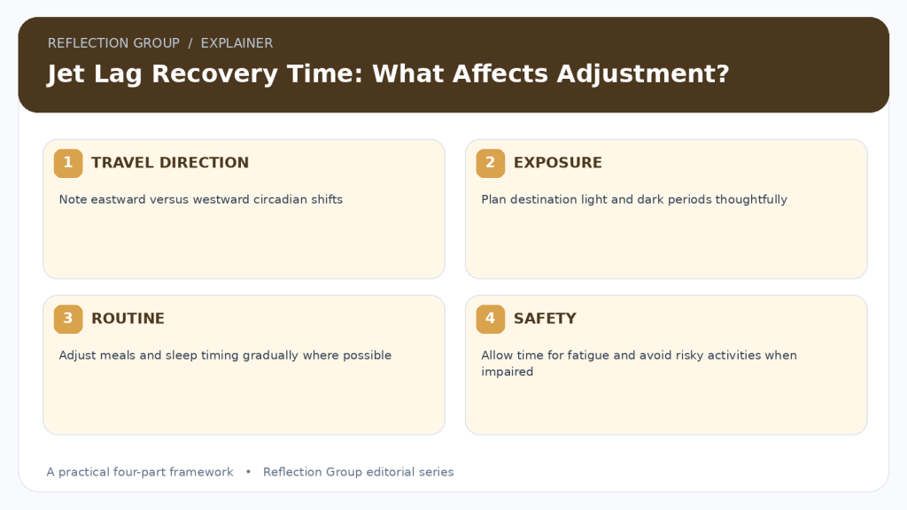 Jet Lag Recovery Time: What Affects Adjustment? infographic