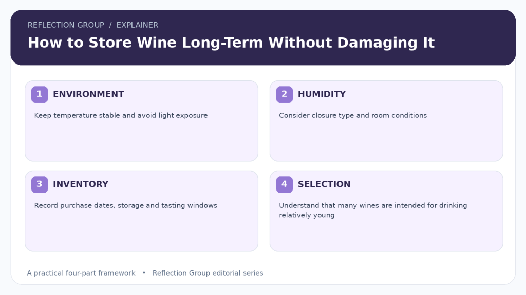 How to Store Wine Long-Term Without Damaging It four-part infographic